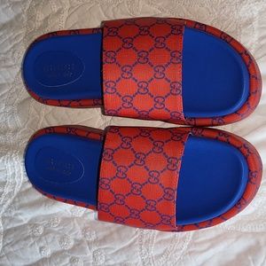 Gucci Blue Footbed Red GG Canvas Slide Sandals